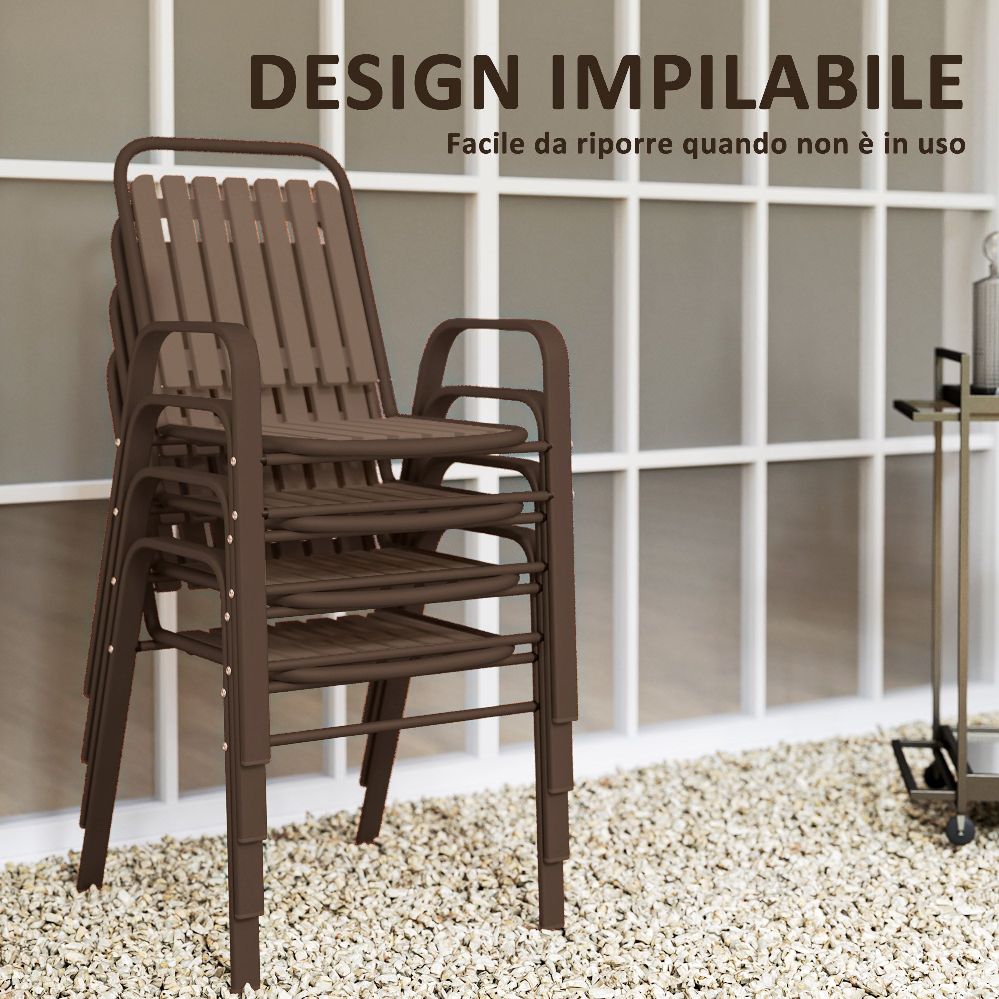 Set of 4 Stackable Garden Chairs with High Backrest and Armrests, Outdoor Chairs in PP Plastic and Steel, for Patio, Balcony, Terrace, Outdoor and Indoor, 56x66x91 cm, Dark Brown