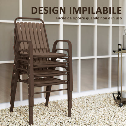 Set of 4 Stackable Garden Chairs with High Backrest and Armrests, Outdoor Chairs in PP Plastic and Steel, for Patio, Balcony, Terrace, Outdoor and Indoor, 56x66x91 cm, Dark Brown
