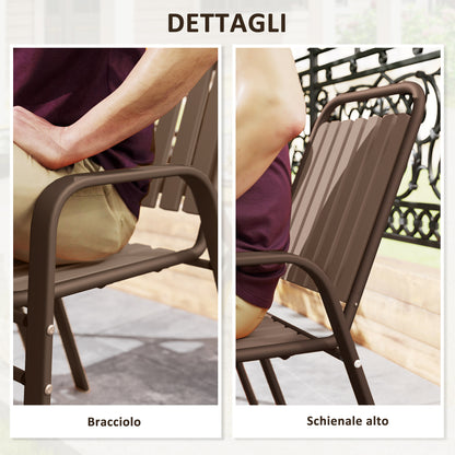 Set of 4 Stackable Garden Chairs with High Backrest and Armrests, Outdoor Chairs in PP Plastic and Steel, for Patio, Balcony, Terrace, Outdoor and Indoor, 56x66x91 cm, Dark Brown