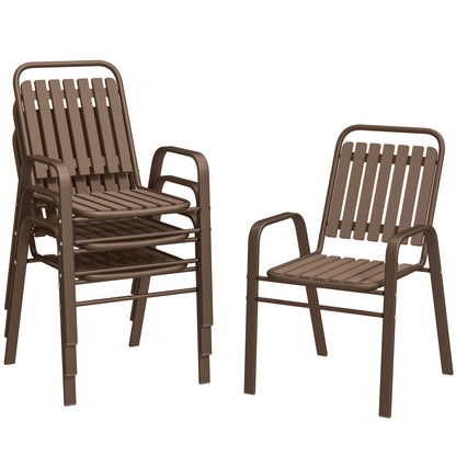 Set of 4 Stackable Garden Chairs with High Backrest and Armrests, Outdoor Chairs in PP Plastic and Steel, for Patio, Balcony, Terrace, Outdoor and Indoor, 56x66x91 cm, Dark Brown