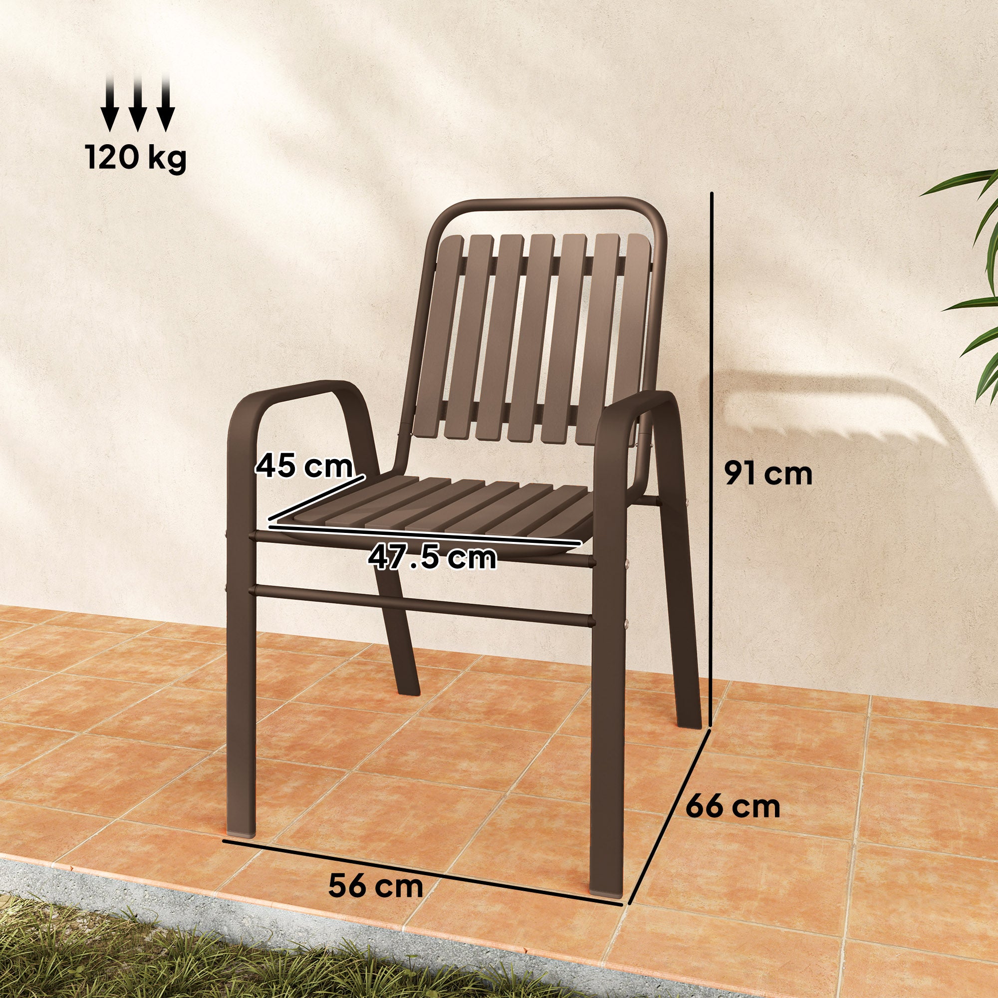 Set of 4 Stackable Garden Chairs with High Backrest and Armrests, Outdoor Chairs in PP Plastic and Steel, for Patio, Balcony, Terrace, Outdoor and Indoor, 56x66x91 cm, Dark Brown