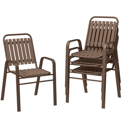 Set of 4 Stackable Garden Chairs with High Backrest and Armrests, Outdoor Chairs in PP Plastic and Steel, for Patio, Balcony, Terrace, Outdoor and Indoor, 56x66x91 cm, Dark Brown