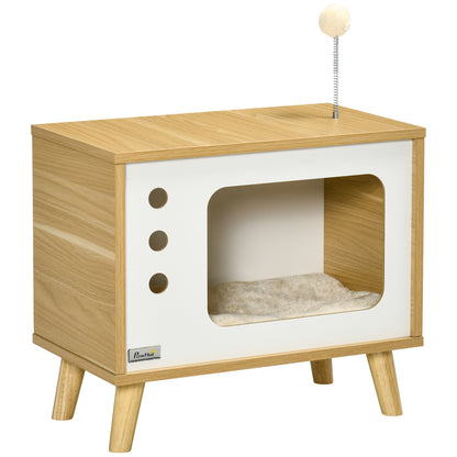 Cat House, Cat Box TV-Shaped with Toy Ball, Scratching Mat Indoor Cat Cave Cat Cupboard Cat Shelter Cat Bed, Cat Cave for Indoor Outdoor 50 x 28 x 43 cm Oak+Beige+White