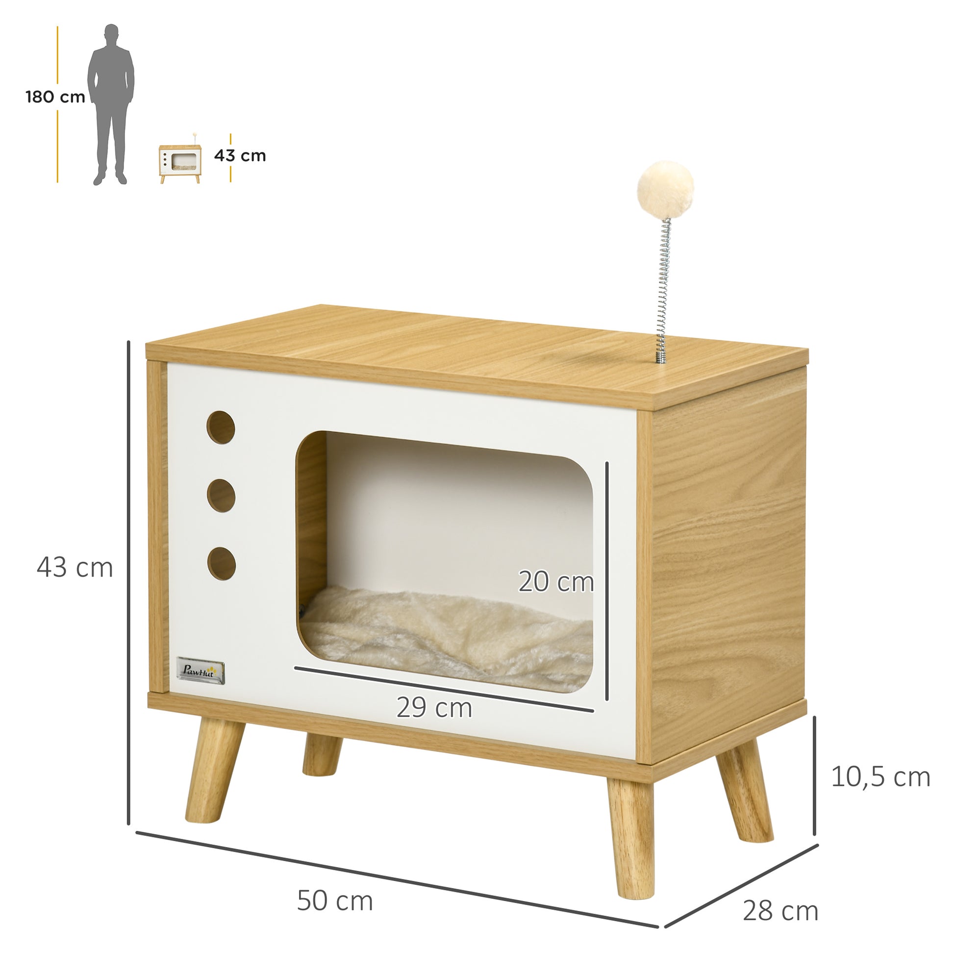 Cat House, Cat Box TV-Shaped with Toy Ball, Scratching Mat Indoor Cat Cave Cat Cupboard Cat Shelter Cat Bed, Cat Cave for Indoor Outdoor 50 x 28 x 43 cm Oak+Beige+White