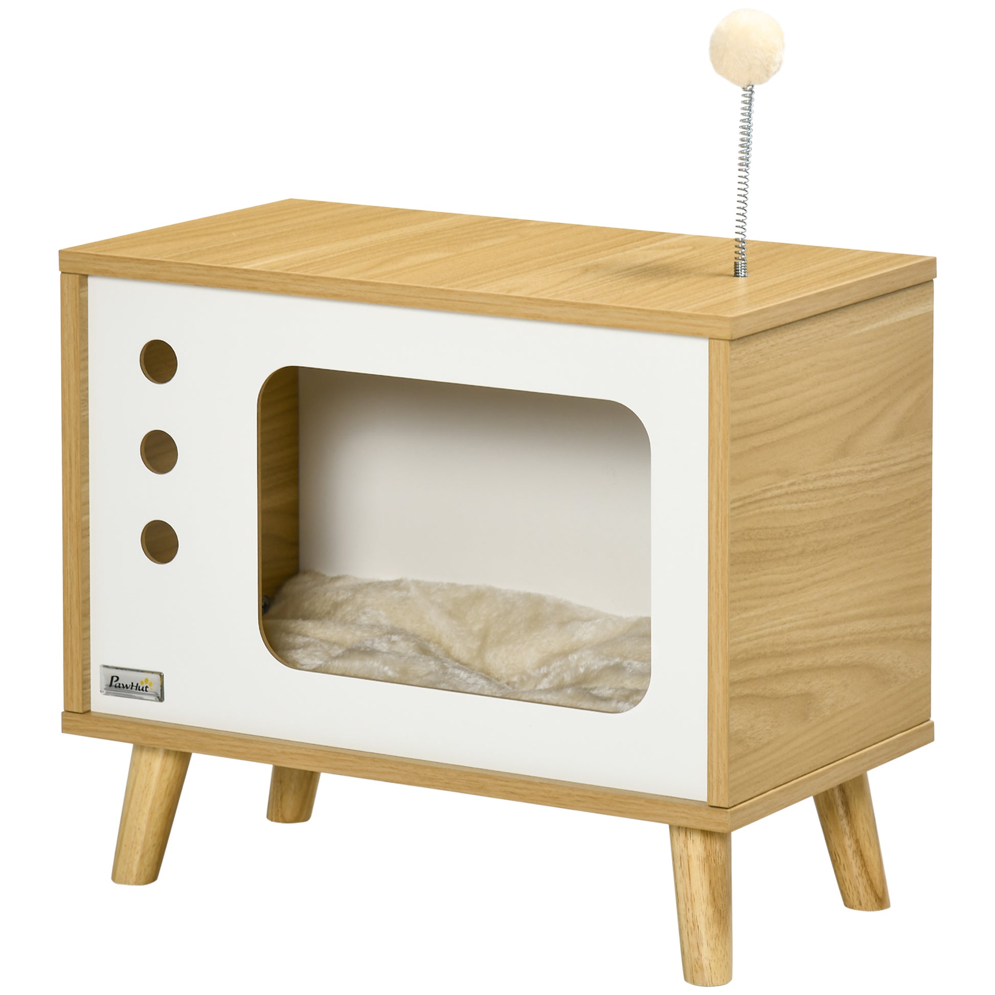 Cat House, Cat Box TV-Shaped with Toy Ball, Scratching Mat Indoor Cat Cave Cat Cupboard Cat Shelter Cat Bed, Cat Cave for Indoor Outdoor 50 x 28 x 43 cm Oak+Beige+White