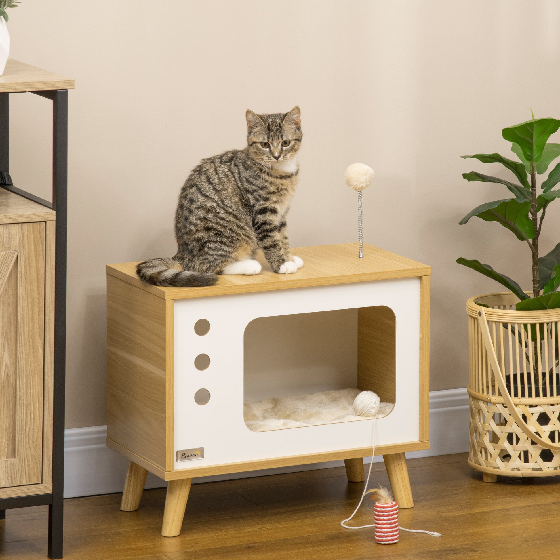 Cat House, Cat Box TV-Shaped with Toy Ball, Scratching Mat Indoor Cat Cave Cat Cupboard Cat Shelter Cat Bed, Cat Cave for Indoor Outdoor 50 x 28 x 43 cm Oak+Beige+White