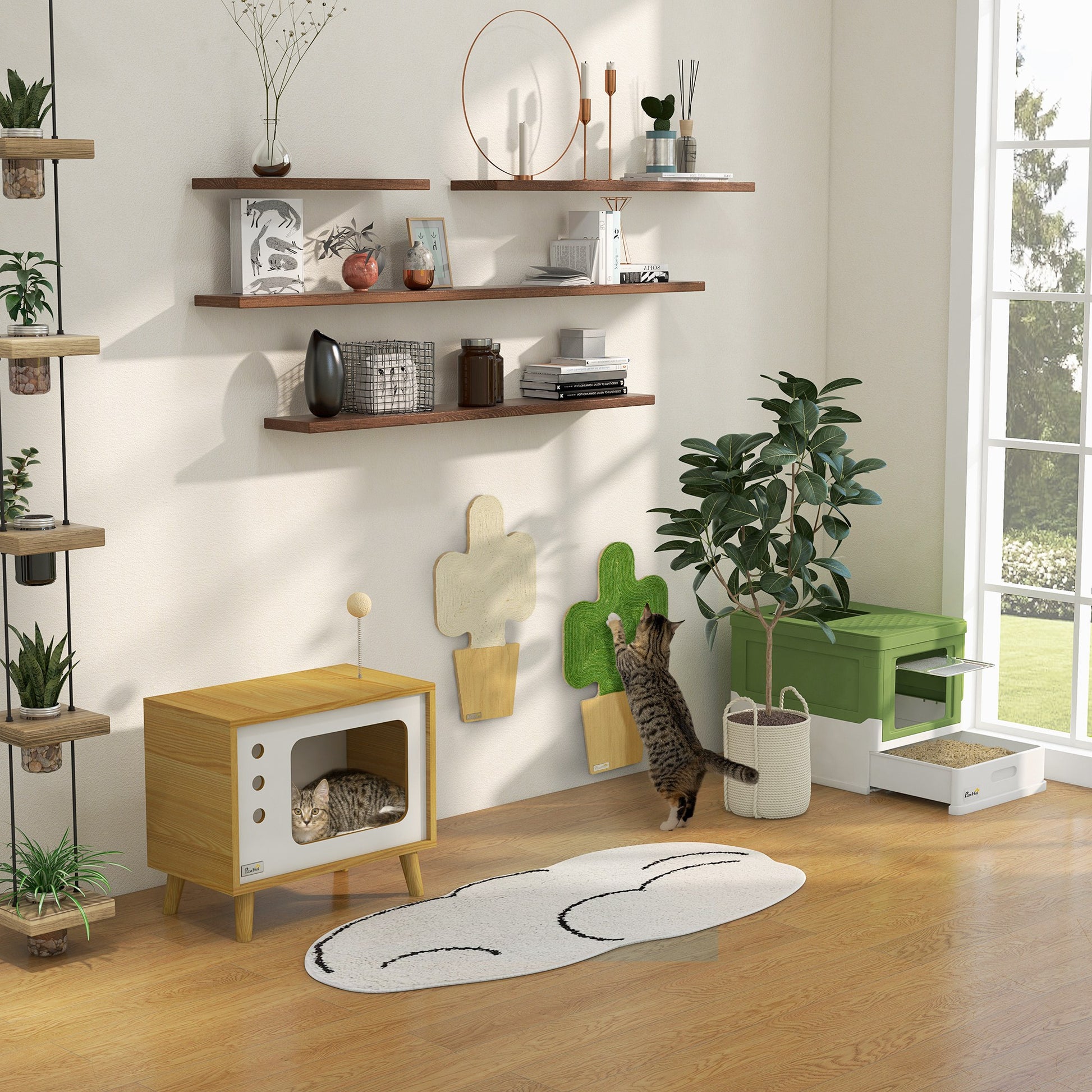 Cat House, Cat Box TV-Shaped with Toy Ball, Scratching Mat Indoor Cat Cave Cat Cupboard Cat Shelter Cat Bed, Cat Cave for Indoor Outdoor 50 x 28 x 43 cm Oak+Beige+White