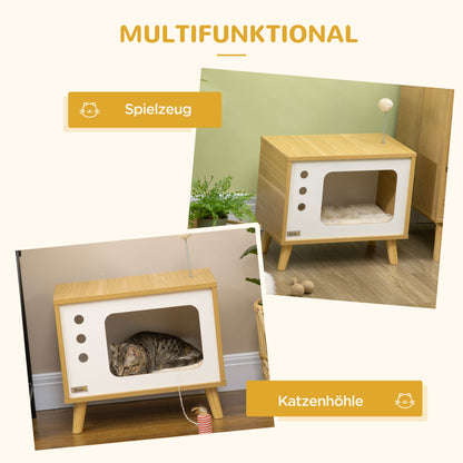 Cat House, Cat Box TV-Shaped with Toy Ball, Scratching Mat Indoor Cat Cave Cat Cupboard Cat Shelter Cat Bed, Cat Cave for Indoor Outdoor 50 x 28 x 43 cm Oak+Beige+White