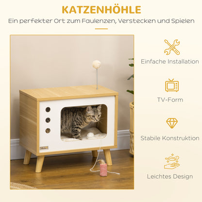 Cat House, Cat Box TV-Shaped with Toy Ball, Scratching Mat Indoor Cat Cave Cat Cupboard Cat Shelter Cat Bed, Cat Cave for Indoor Outdoor 50 x 28 x 43 cm Oak+Beige+White