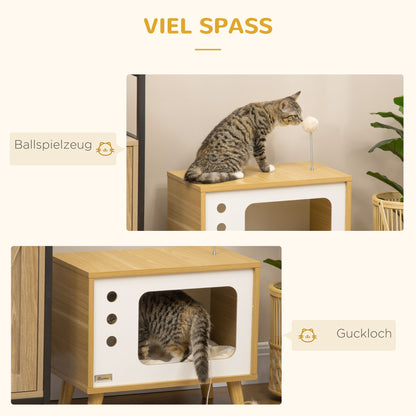 Cat House, Cat Box TV-Shaped with Toy Ball, Scratching Mat Indoor Cat Cave Cat Cupboard Cat Shelter Cat Bed, Cat Cave for Indoor Outdoor 50 x 28 x 43 cm Oak+Beige+White