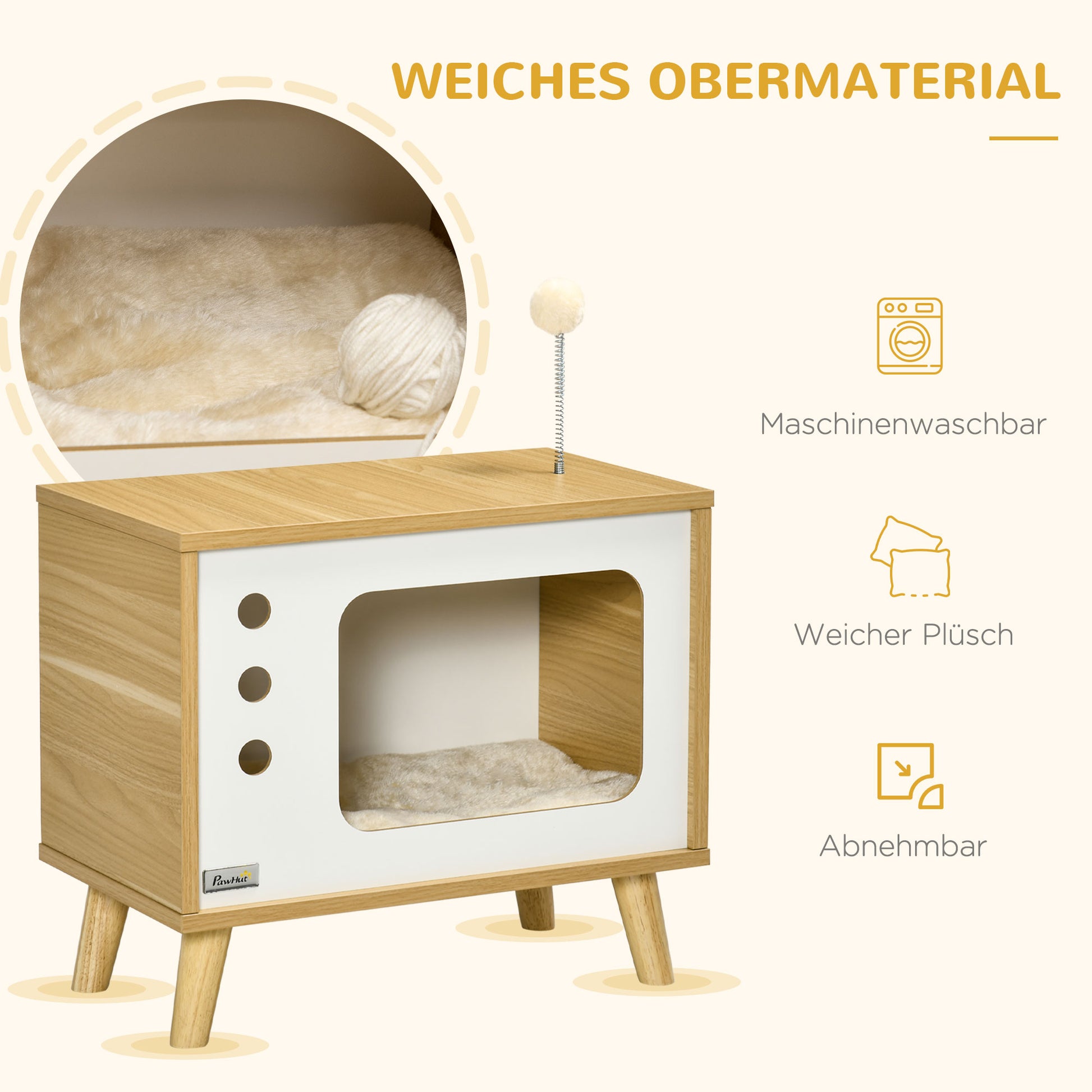 Cat House, Cat Box TV-Shaped with Toy Ball, Scratching Mat Indoor Cat Cave Cat Cupboard Cat Shelter Cat Bed, Cat Cave for Indoor Outdoor 50 x 28 x 43 cm Oak+Beige+White