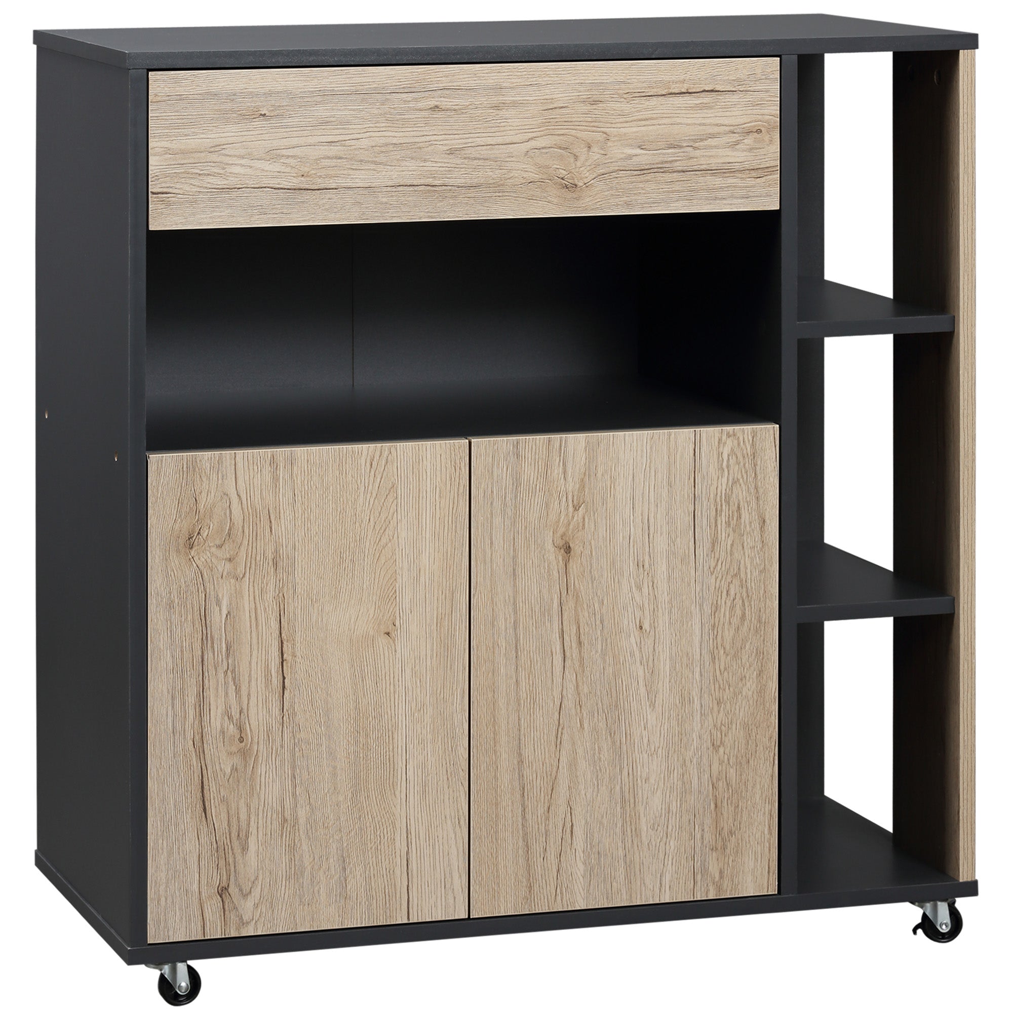 Multipurpose Kitchen Cart with Drawer, Cabinet, and Shelf, Kitchen Island Serving Trolley with 4 Wheels, 80x39x86.5cm, Wood and Black