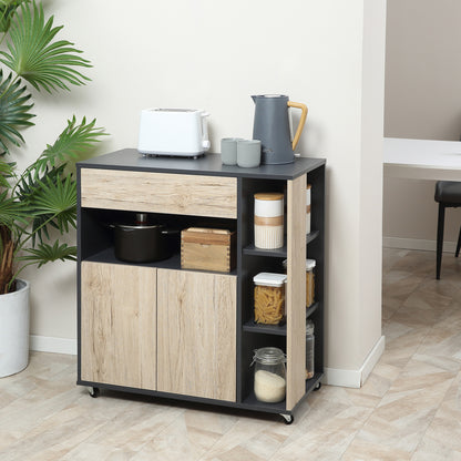 Multipurpose Kitchen Cart with Drawer, Cabinet, and Shelf, Kitchen Island Serving Trolley with 4 Wheels, 80x39x86.5cm, Wood and Black