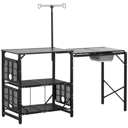 3-Tier Camping Kitchen Table Folding Portable Camping Table with Storage Shelves Sink Lamp Stand and Carrying Bag for Outdoor 68x20x31-69 inches Black