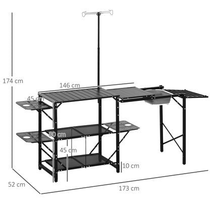 3-Tier Camping Kitchen Table Folding Portable Camping Table with Storage Shelves Sink Lamp Stand and Carrying Bag for Outdoor 68x20x31-69 inches Black