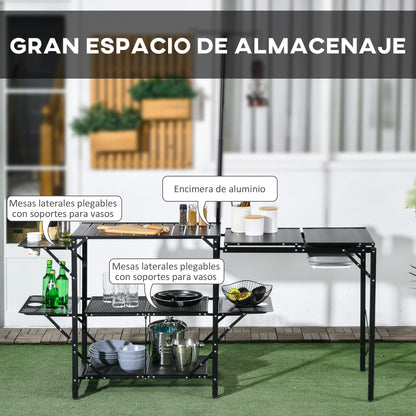 3-Tier Camping Kitchen Table Folding Portable Camping Table with Storage Shelves Sink Lamp Stand and Carrying Bag for Outdoor 68x20x31-69 inches Black