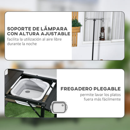 3-Tier Camping Kitchen Table Folding Portable Camping Table with Storage Shelves Sink Lamp Stand and Carrying Bag for Outdoor 68x20x31-69 inches Black