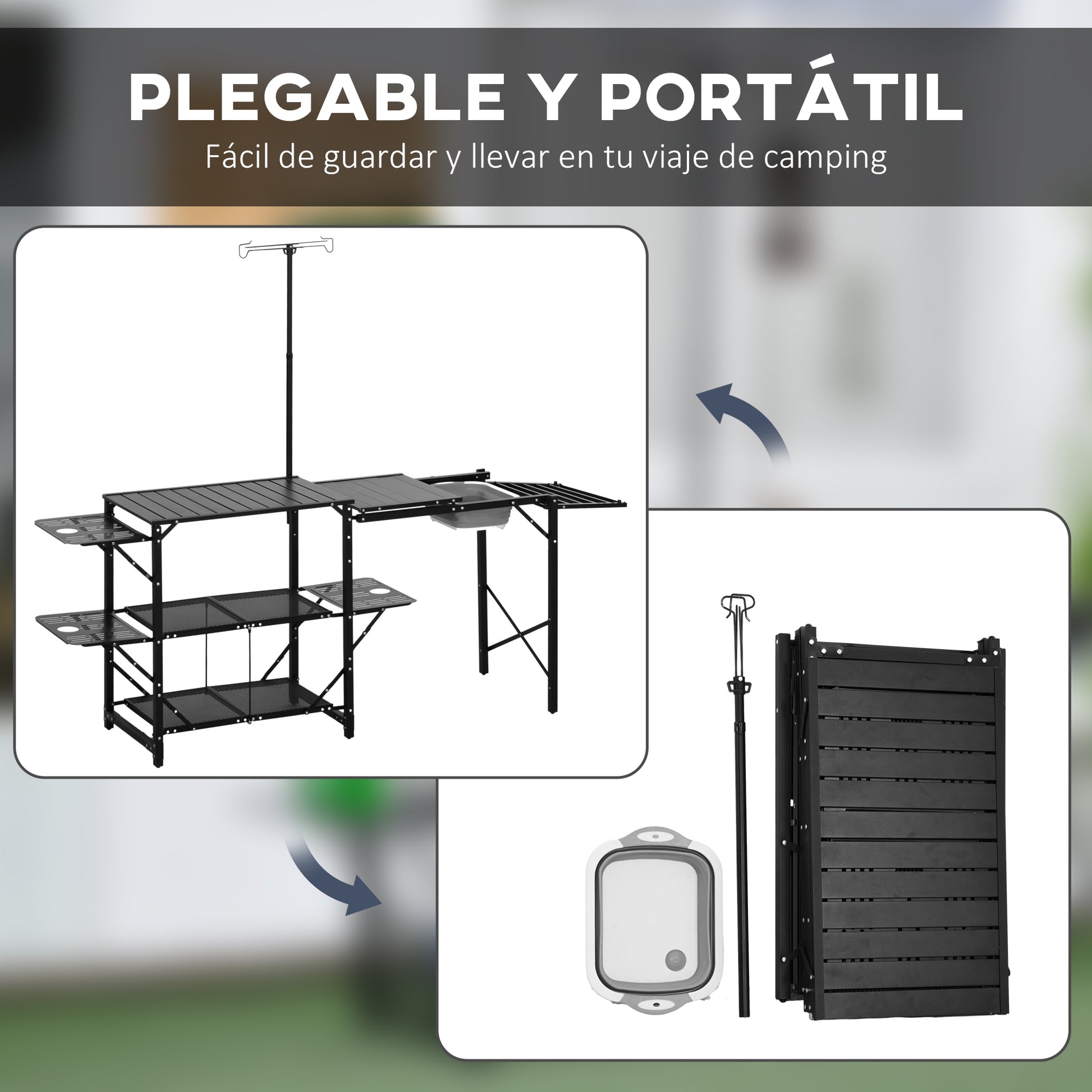 3-Tier Camping Kitchen Table Folding Portable Camping Table with Storage Shelves Sink Lamp Stand and Carrying Bag for Outdoor 68x20x31-69 inches Black