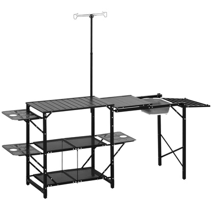 3-Tier Camping Kitchen Table Folding Portable Camping Table with Storage Shelves Sink Lamp Stand and Carrying Bag for Outdoor 68x20x31-69 inches Black