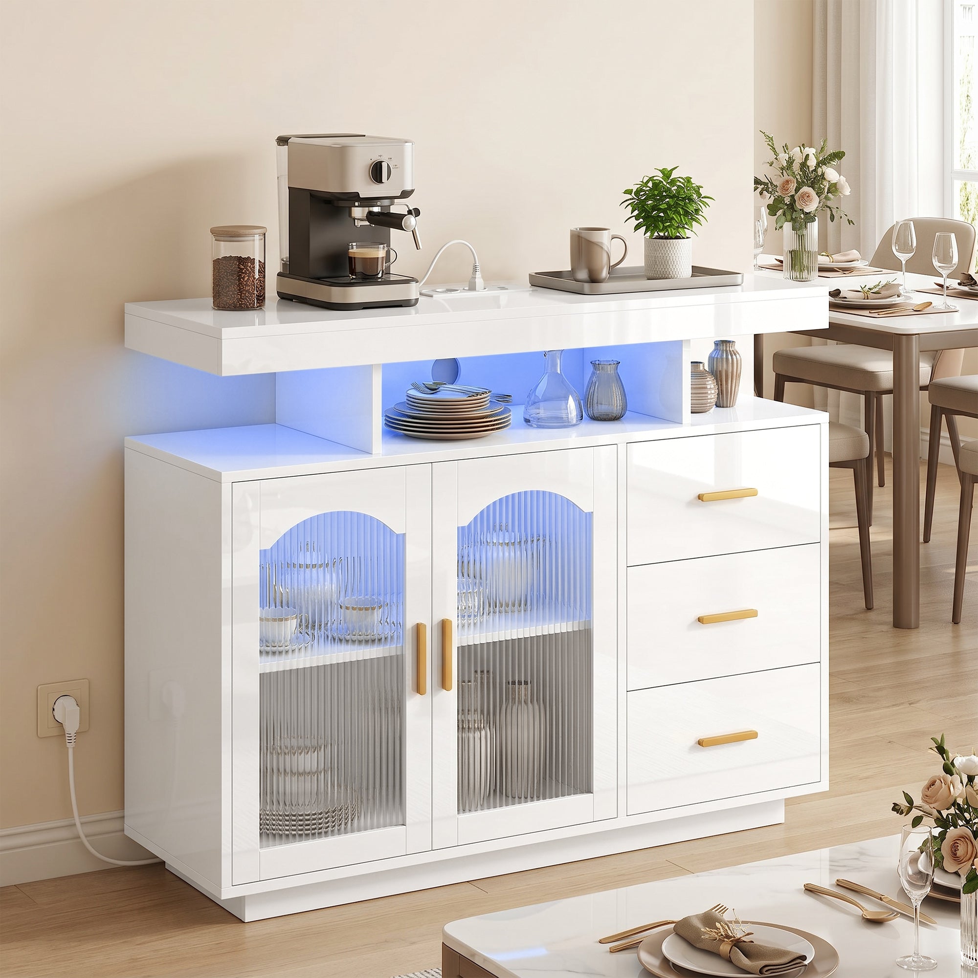 High-Gloss Sideboard with 7-Color RGB LED, Built-In AC Outlets & USB, 3 Drawers, Open Shelves, 2 Acrylic Doors, Soft-Close Hinges — Fits up to 72" TV, White (39.4" x 13.8" x 31.5")