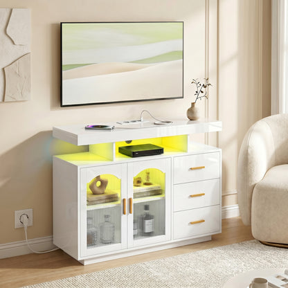High-Gloss Sideboard with 7-Color RGB LED, Built-In AC Outlets & USB, 3 Drawers, Open Shelves, 2 Acrylic Doors, Soft-Close Hinges — Fits up to 72" TV, White (39.4" x 13.8" x 31.5")