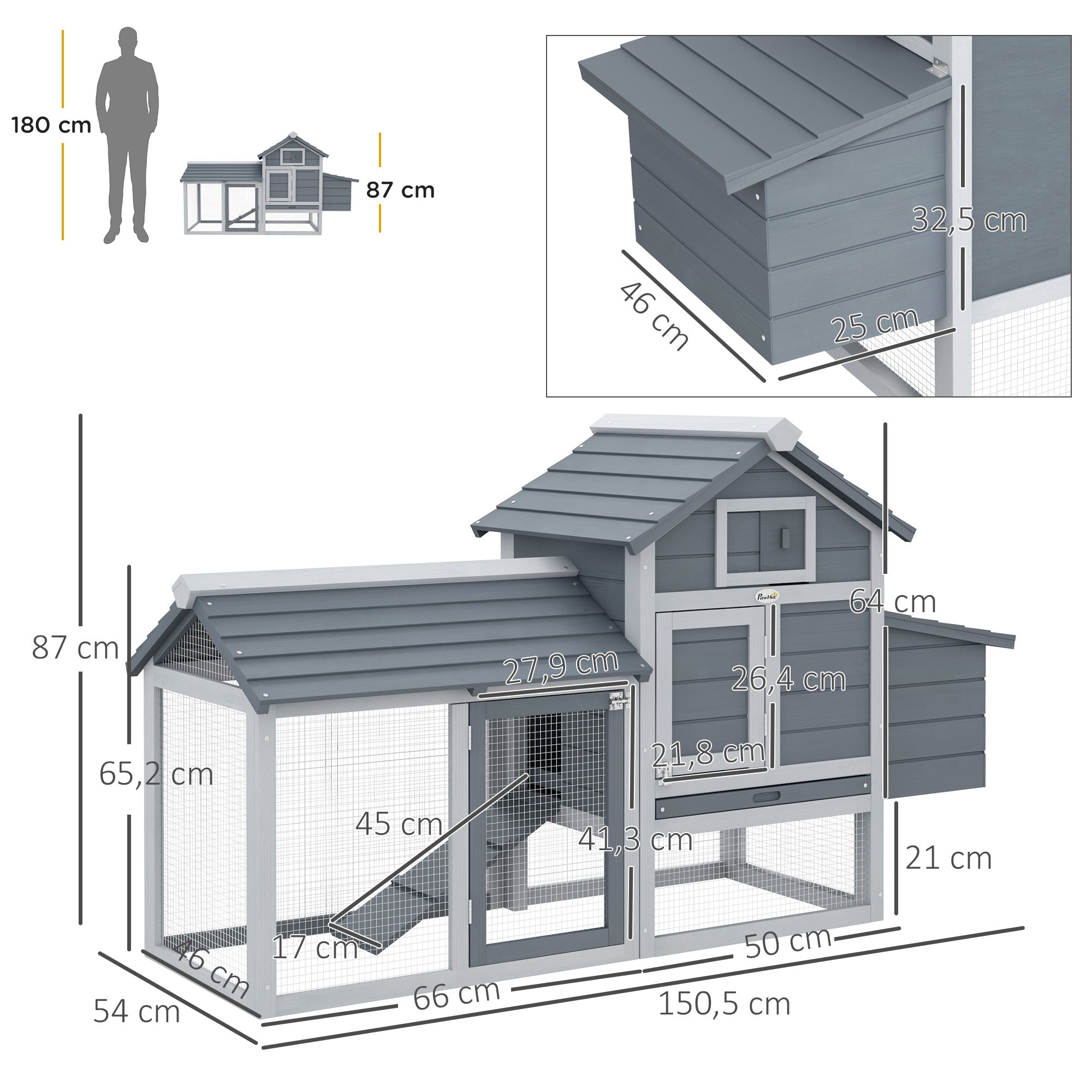 Dwarf Chicken Coop Dwarf Chicken House with Nesting Box Dwarf Chicken Aviary Outdoor Run Poultry Coop with Ramp Gray 150.5 x 54 x 87 cm