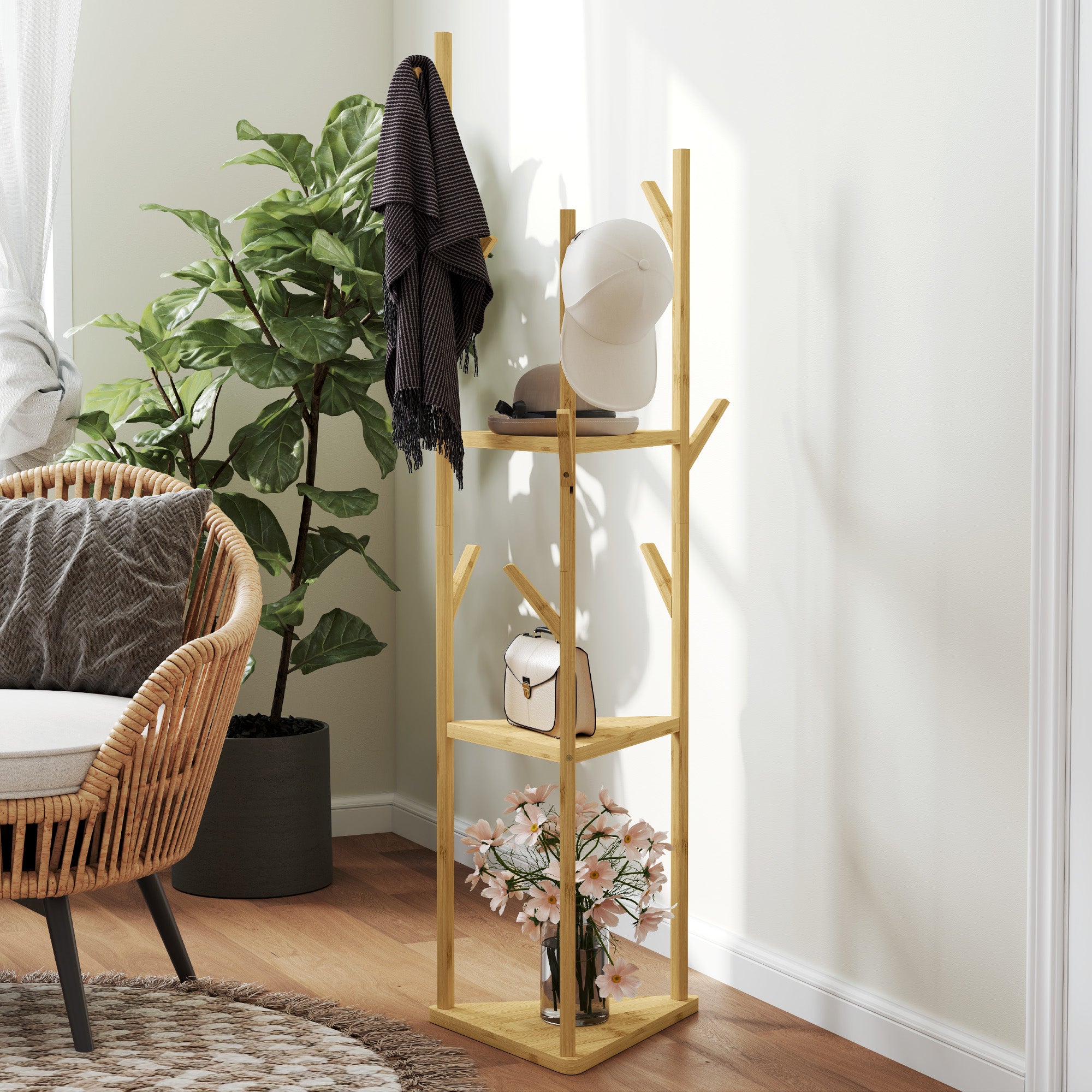 coat rack, clothes rack with 9 hooks, 3 levels, jacket stand modern wardrobe for clothes hat bag, living room, natural
