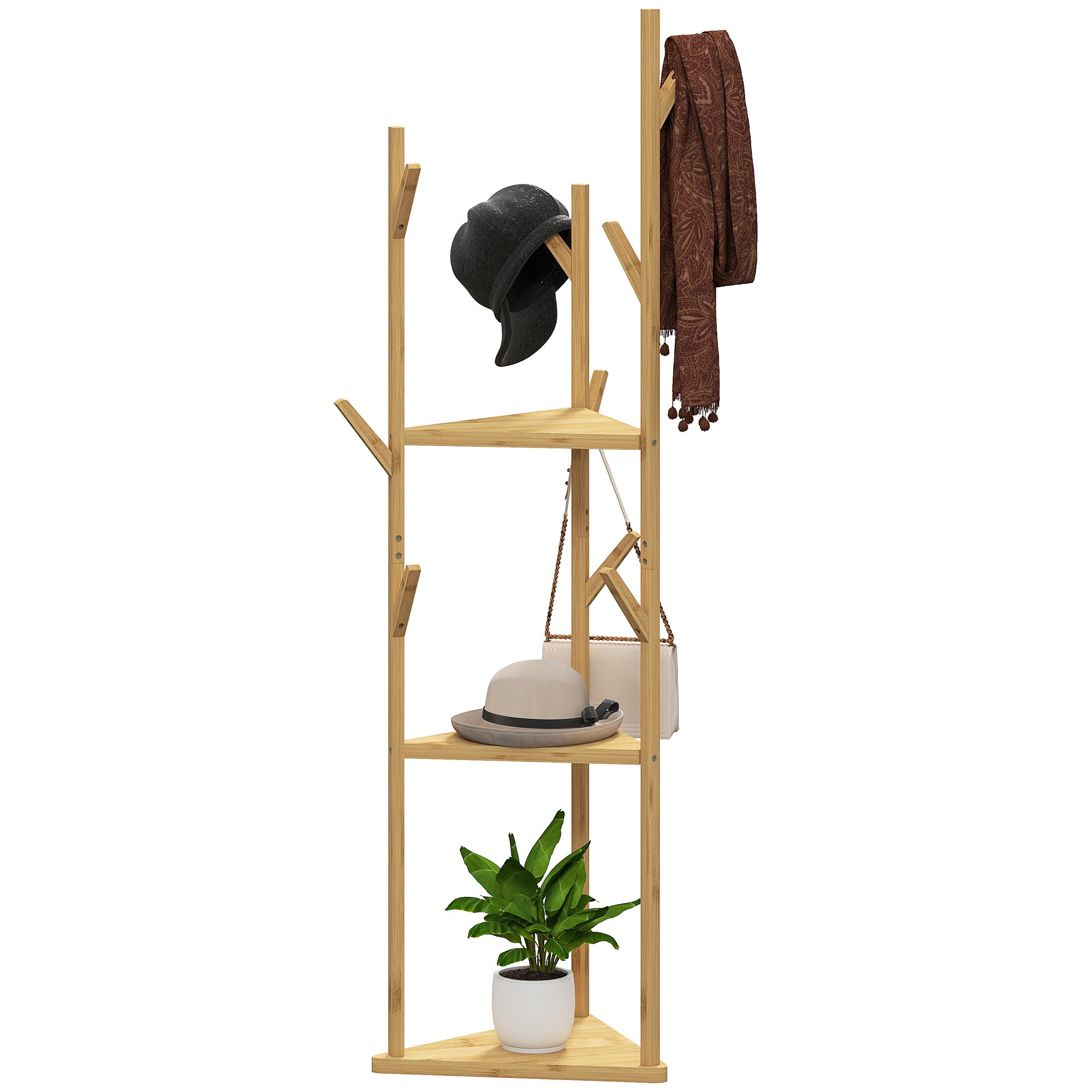 coat rack, clothes rack with 9 hooks, 3 levels, jacket stand modern wardrobe for clothes hat bag, living room, natural
