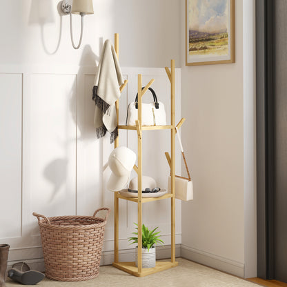 coat rack, clothes rack with 9 hooks, 3 levels, jacket stand modern wardrobe for clothes hat bag, living room, natural
