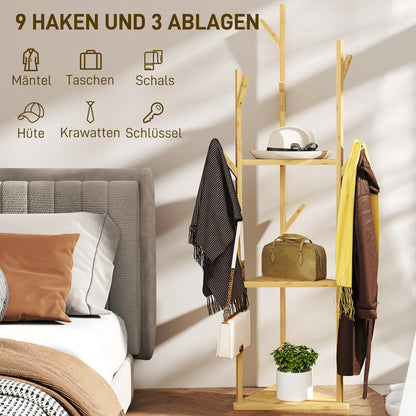 coat rack, clothes rack with 9 hooks, 3 levels, jacket stand modern wardrobe for clothes hat bag, living room, natural