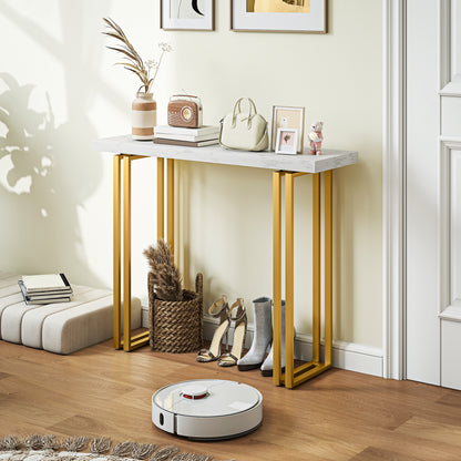 Console Table, Entryway Console with Marble-Effect Top, Steel Frame, Slim Modern Design, Sofa Table for Living Room, 39.4 x 11.8 x 30.9 in, White & Gold