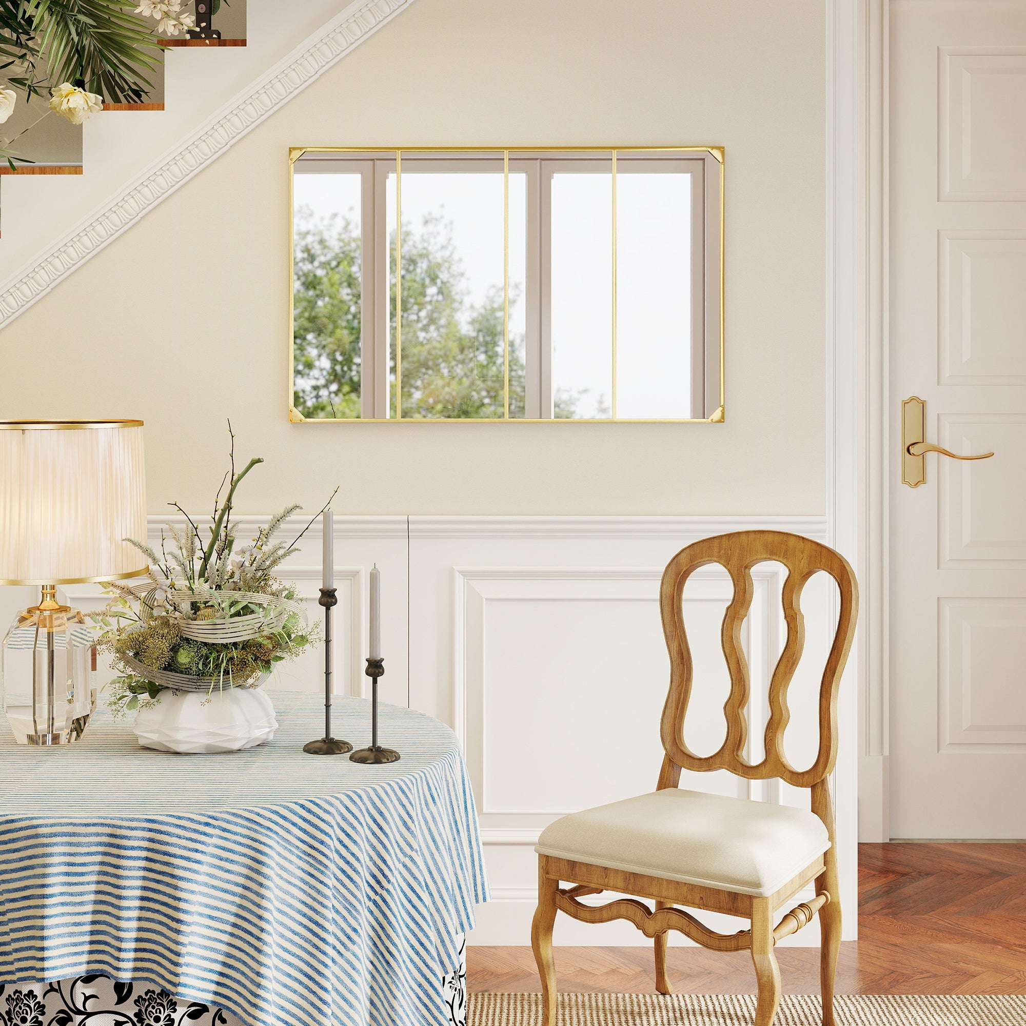 Industrial Windowpane Wall Mirror, Gold Metal Frame, Rectangular, Horizontal or Vertical – 42.9" x 27.2" (109 x 69 cm)