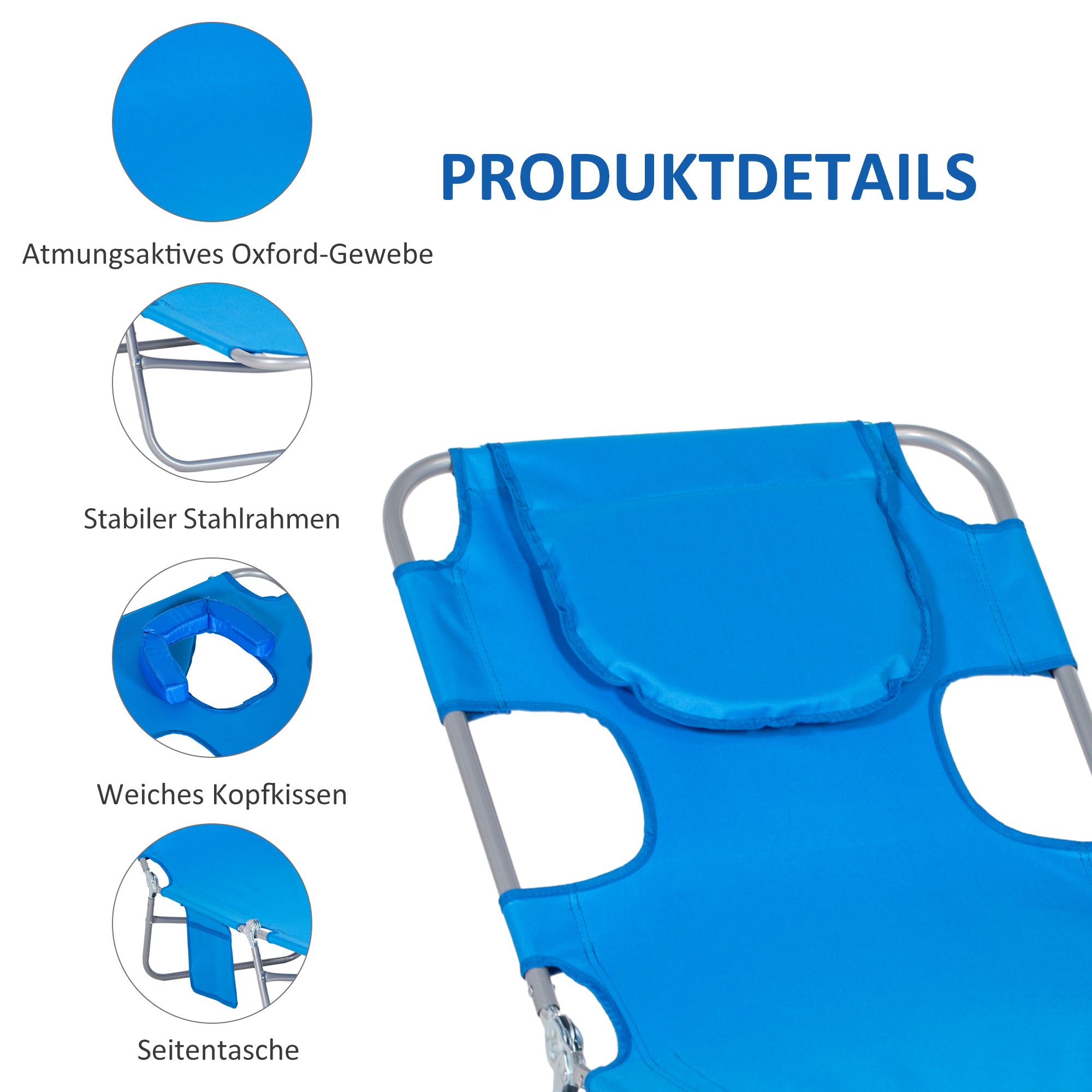 Folding Sun Lounger Garden Lounger with Reading Window, Head Pillow, Reclining Chair with 5-Position Adjustable Backrest, Weatherproof Camping Lounger up to 120 kg Load Capacity, for Garden Beach Pool, Blue