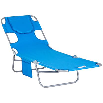 Folding Sun Lounger Garden Lounger with Reading Window, Head Pillow, Reclining Chair with 5-Position Adjustable Backrest, Weatherproof Camping Lounger up to 120 kg Load Capacity, for Garden Beach Pool, Blue