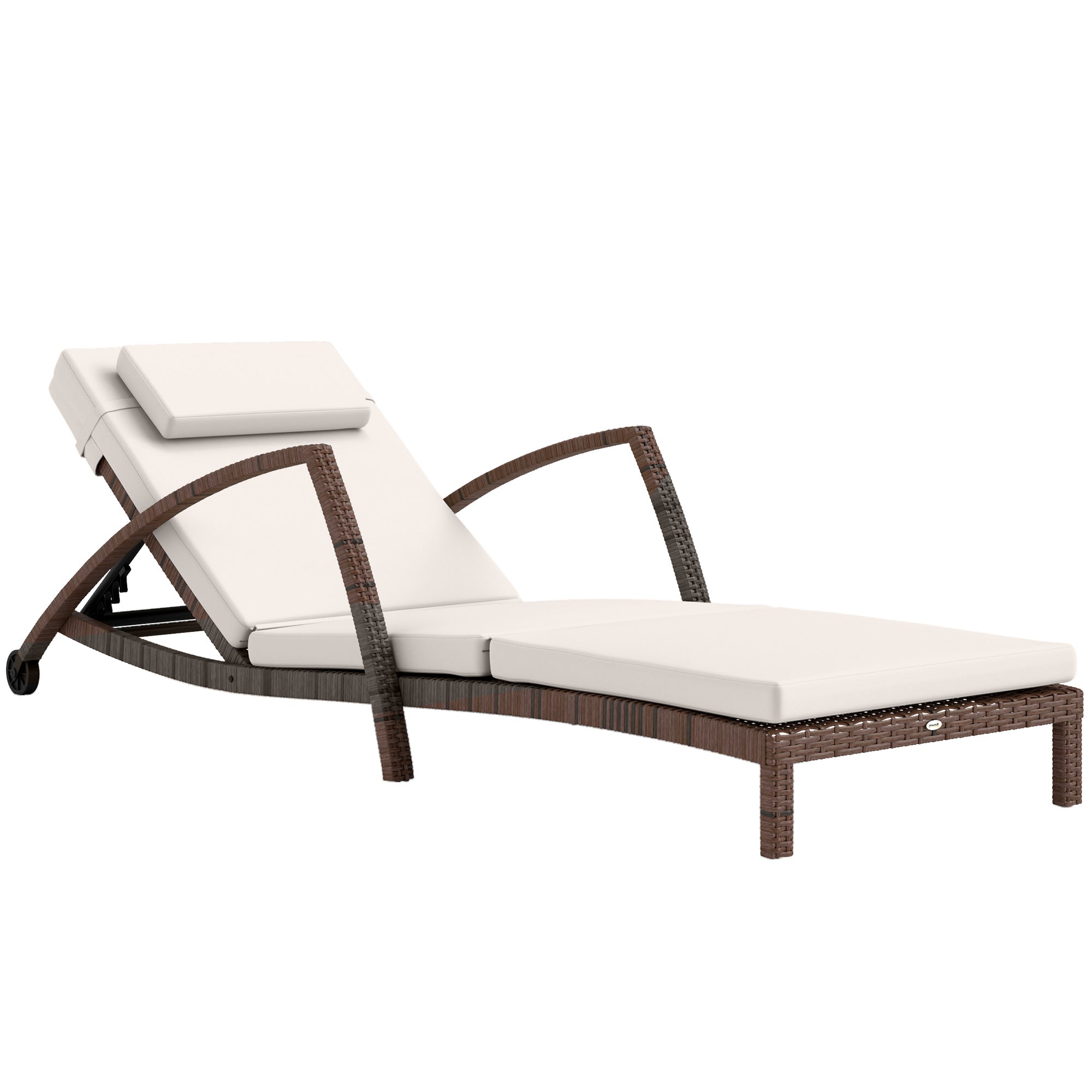 Sun Lounger, wicker resin lounge chair with adjustable backrest, wheels, cushion, and armrests, outdoor garden terrace sunbed, brown and beige