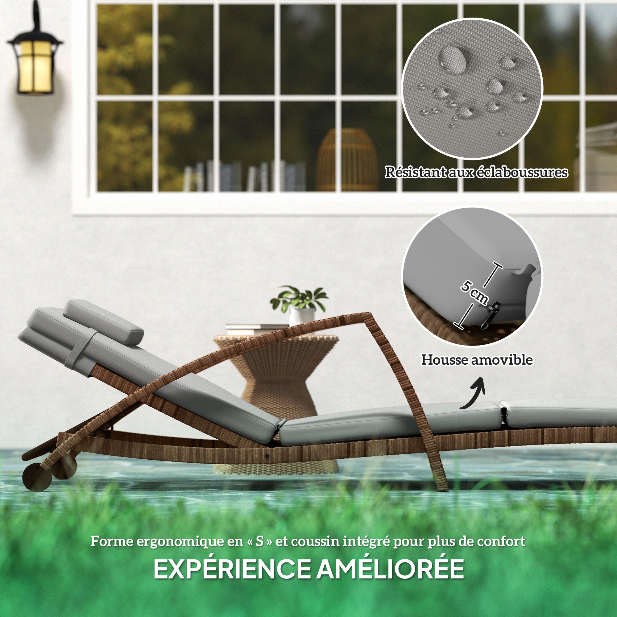 Sun Lounger, wicker resin lounge chair with adjustable backrest, wheels, cushion, and armrests, outdoor garden terrace sunbed, brown and beige