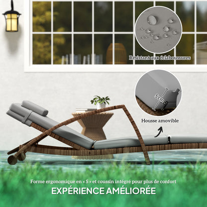 Sun Lounger, wicker resin lounge chair with adjustable backrest, wheels, cushion, and armrests, outdoor garden terrace sunbed, brown and beige
