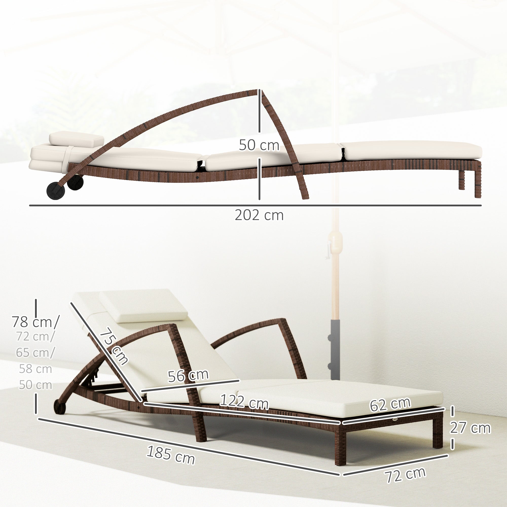 Sun Lounger, wicker resin lounge chair with adjustable backrest, wheels, cushion, and armrests, outdoor garden terrace sunbed, brown and beige