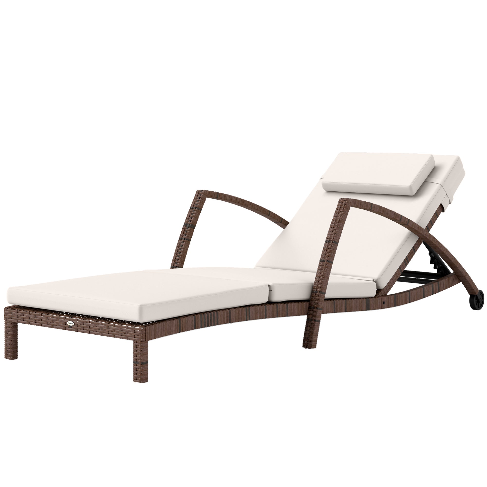 Sun Lounger, wicker resin lounge chair with adjustable backrest, wheels, cushion, and armrests, outdoor garden terrace sunbed, brown and beige