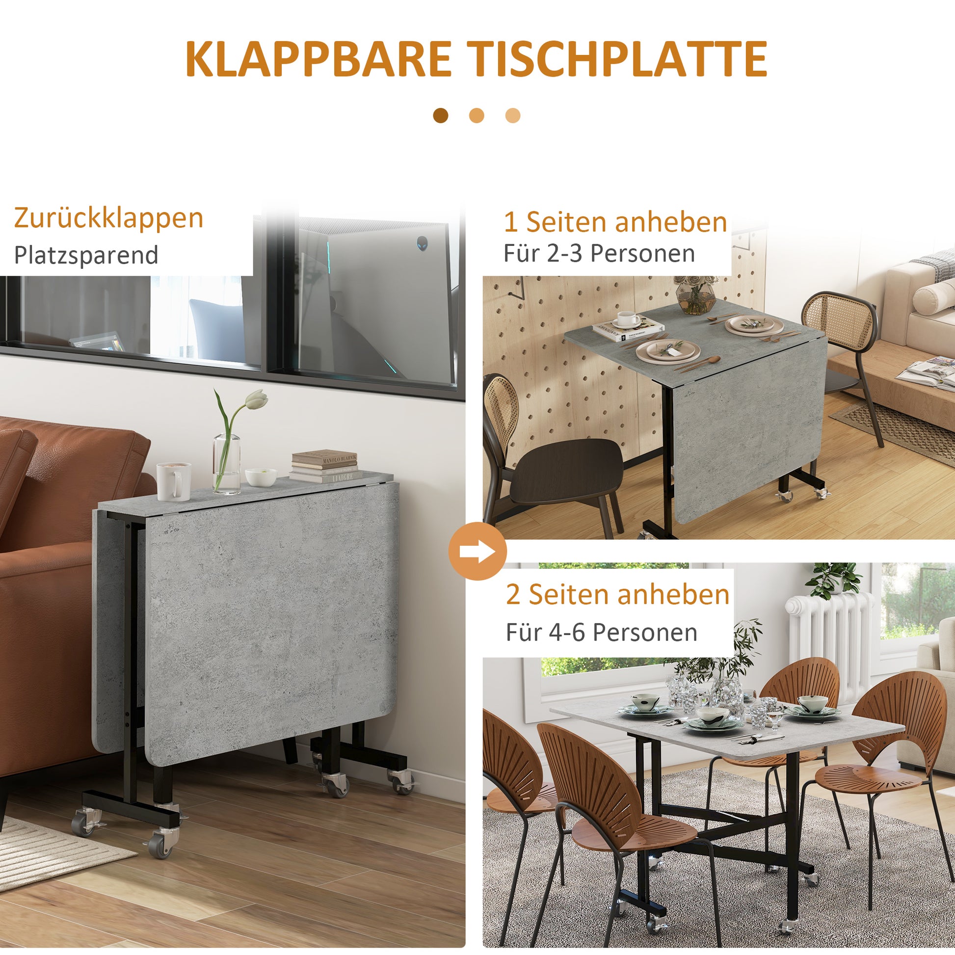 Dining Table, Folding Kitchen Table with Casters, Steel Legs, Folding Table for 4-6 People, Dining Table for Small Spaces, Kitchen, Dining Room, 120 x 80 x 73 cm, Gray