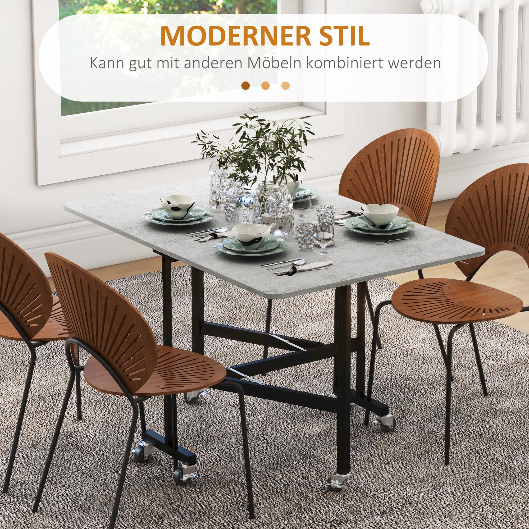 Dining Table, Folding Kitchen Table with Casters, Steel Legs, Folding Table for 4-6 People, Dining Table for Small Spaces, Kitchen, Dining Room, 120 x 80 x 73 cm, Gray