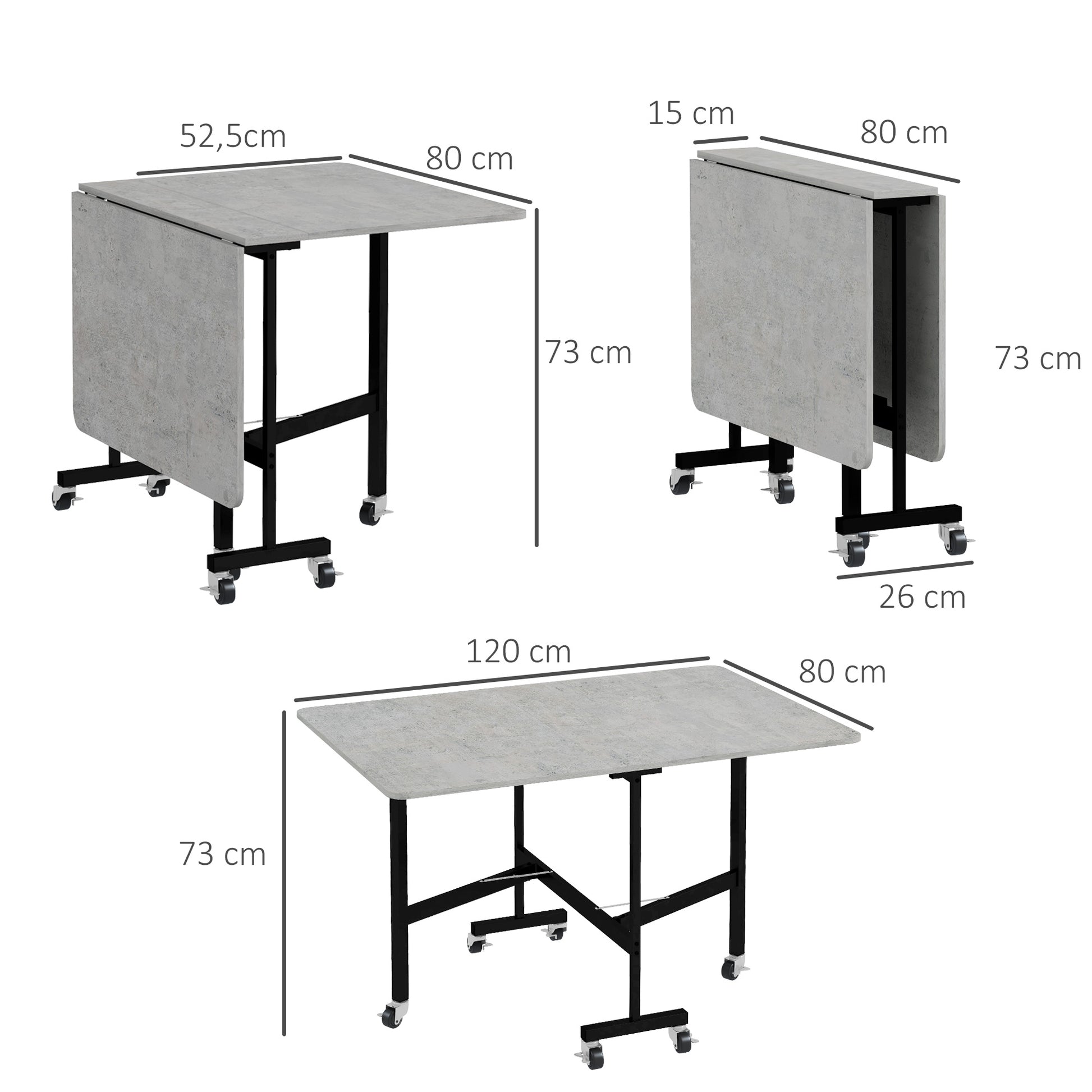 Dining Table, Folding Kitchen Table with Casters, Steel Legs, Folding Table for 4-6 People, Dining Table for Small Spaces, Kitchen, Dining Room, 120 x 80 x 73 cm, Gray