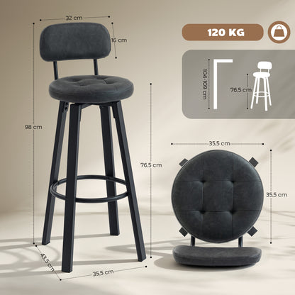 Set of 2 Swivel Bar Stools, PU Upholstery with Backrest, Metal Frame & Footrest — Dark Gray