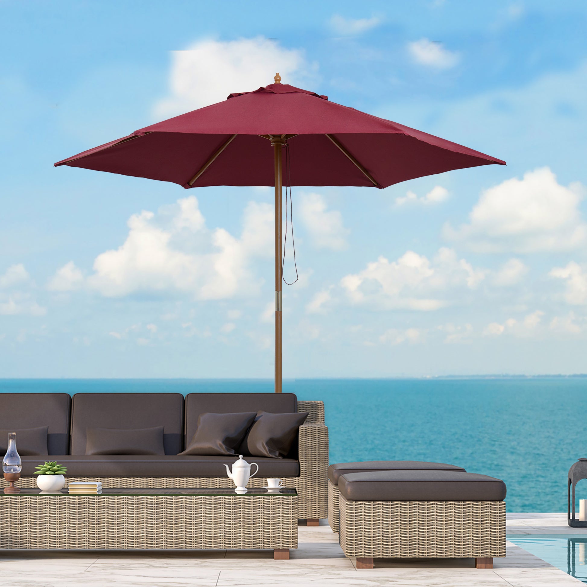 Garden Umbrella Ø250x230 cm Terrace Parasol with 6 Bamboo Ribs Detachable Post Anti-UV Waterproof and Wooden Frame for Beach Patio Burgundy Red