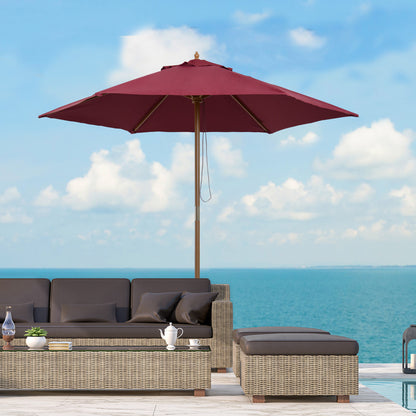 Garden Umbrella Ø250x230 cm Terrace Parasol with 6 Bamboo Ribs Detachable Post Anti-UV Waterproof and Wooden Frame for Beach Patio Burgundy Red