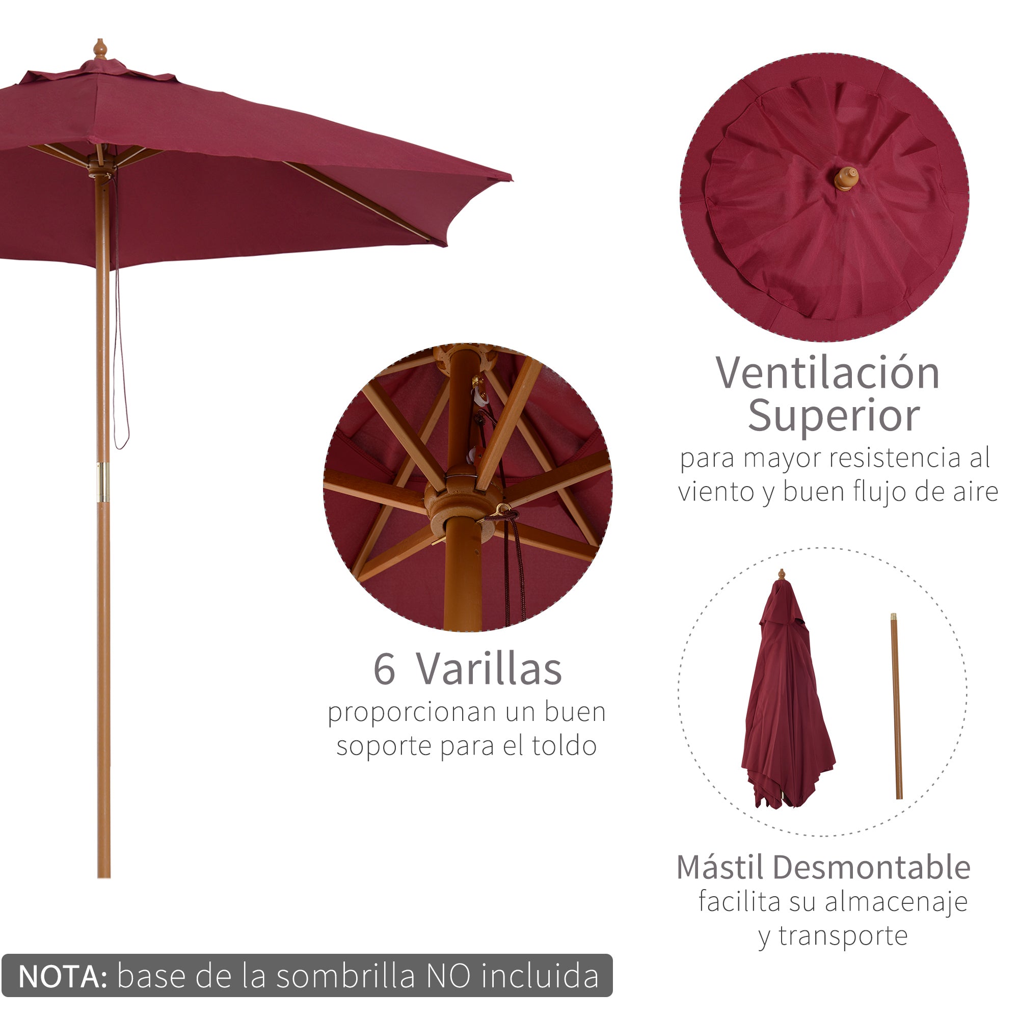 Garden Umbrella Ø250x230 cm Terrace Parasol with 6 Bamboo Ribs Detachable Post Anti-UV Waterproof and Wooden Frame for Beach Patio Burgundy Red