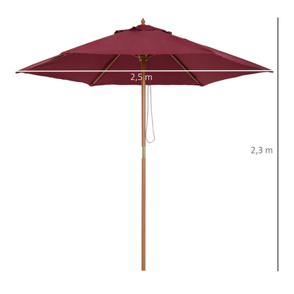 Garden Umbrella Ø250x230 cm Terrace Parasol with 6 Bamboo Ribs Detachable Post Anti-UV Waterproof and Wooden Frame for Beach Patio Burgundy Red
