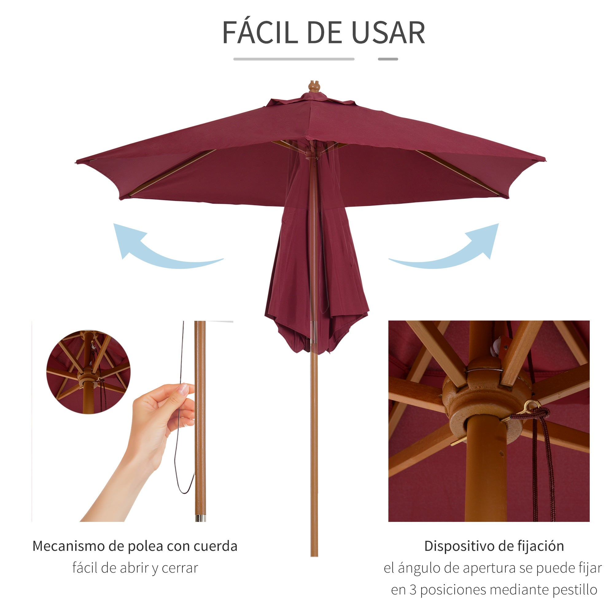 Garden Umbrella Ø250x230 cm Terrace Parasol with 6 Bamboo Ribs Detachable Post Anti-UV Waterproof and Wooden Frame for Beach Patio Burgundy Red