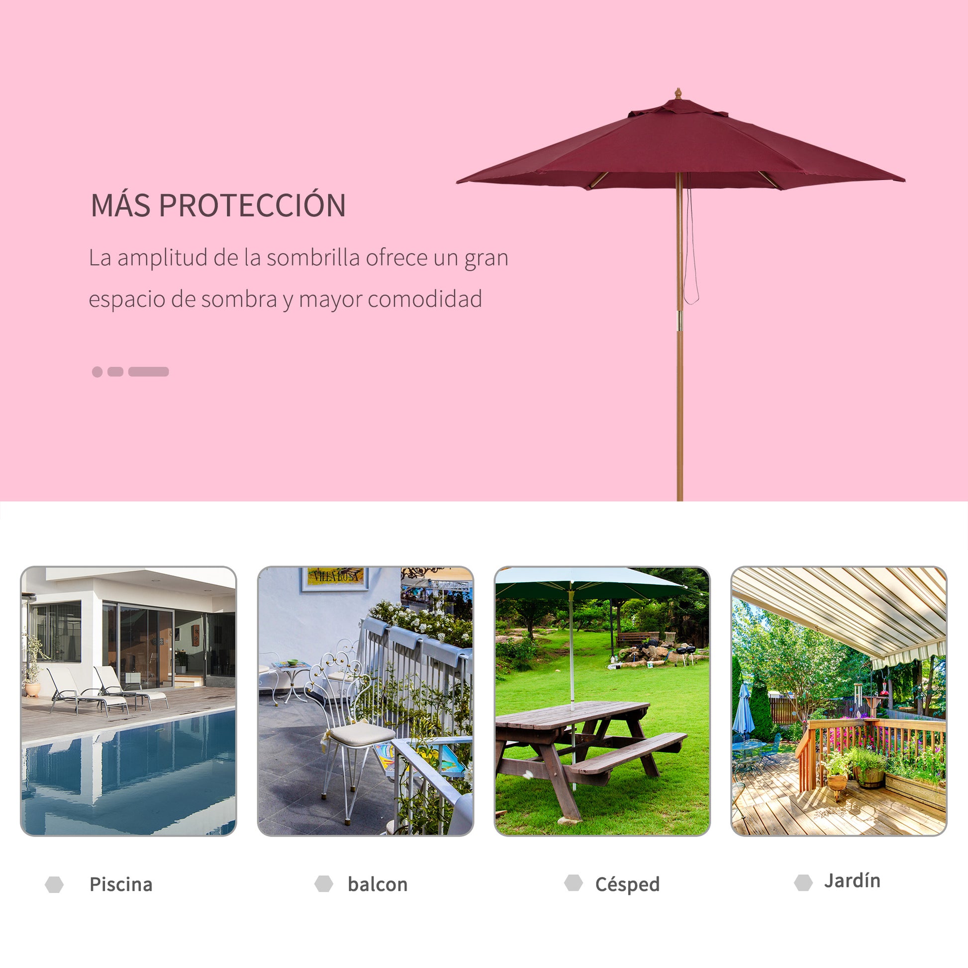 Garden Umbrella Ø250x230 cm Terrace Parasol with 6 Bamboo Ribs Detachable Post Anti-UV Waterproof and Wooden Frame for Beach Patio Burgundy Red