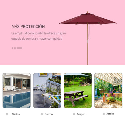 Garden Umbrella Ø250x230 cm Terrace Parasol with 6 Bamboo Ribs Detachable Post Anti-UV Waterproof and Wooden Frame for Beach Patio Burgundy Red
